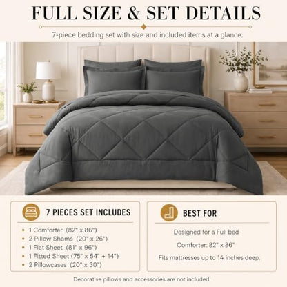 CozyLux Full Comforter Set 82"x86" Dark Grey - 7 Piece Bed in a Bag
