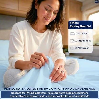 Cottingon 4 Piece RV King Sheets Fits 15" Deep, Egyptian Cotton, Light Blue
