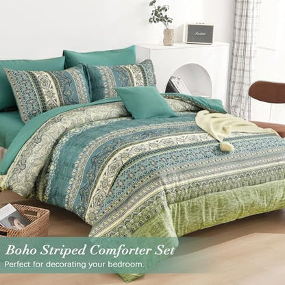 Cottolester Boho Full Comforter Set,Green Paisley Striped Bed in A Bag