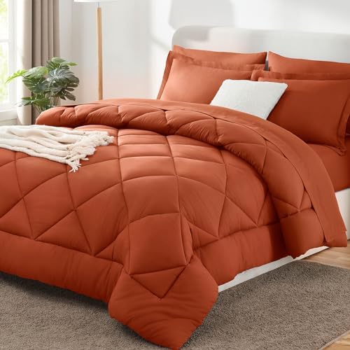 CozyLux Queen Comforter Set 88"x88" Burnt Orange - 7 Piece Bed in a Bag