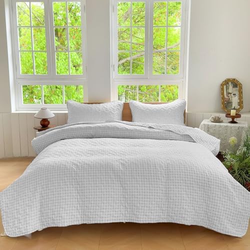 NSNLGSGC Light Gray Gingham Twin Summer Bedspread Quilt Set