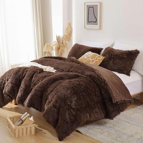 Smoofy Fluffy King Size Comforter Set, Brown Faux Fur Comforter Set 3Pieces