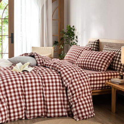 BESTOUCH Gingham Cotton Duvet Cover Set Fired Brick Red Oversized Full