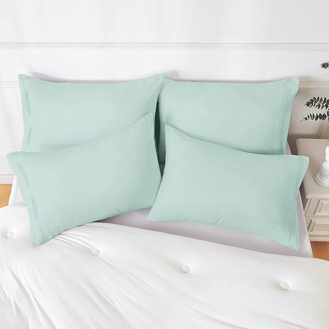 YIYEA Pillow Cases Standard Size Set of 4, Ultra Soft 1800TC Hotel Quality Double Brushed Microfiber Embroidered Pillowcases, Envelope Closure, Fade Resistant (20"x26", Aqua)