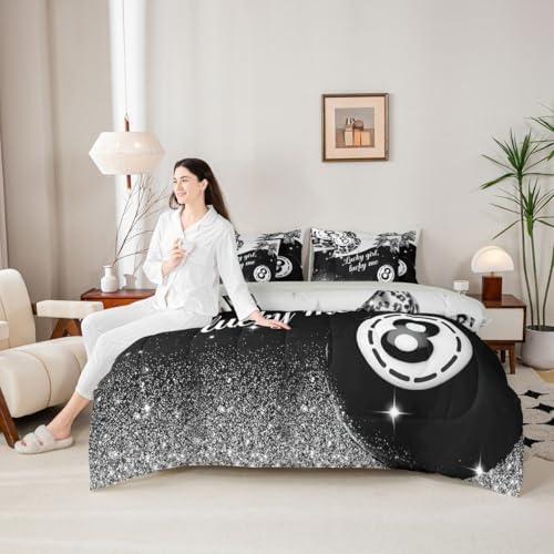 Erosebridal Black Grey Leopard 7 Piece Comforter Set Twin Size for Kids Boys Girls Fashion Y2K Lucky 8 Ball Bedding Set Cheetah Print Bow Bed in A Bag with Sheets Coquette Aesthetic Preppy Bed Set