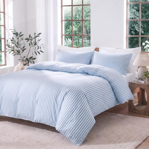 Bedbay Blue Striped Queen Duvet Cover Set, 100% Cotton 300TC Sateen, Light Blue Fine Stripe Bedding, Soft Smooth Breathable Coastal Sateen Set, 3 Pieces