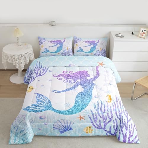 Castle Fairy Mermaid Comforter Set Twin Size Rainbow Watercolor Glitter Bedding Set for Kids Girls Women Teens Room Decor, Mermaid Fish Scale Quilt Set Ocean Coral Shell Duvet Insert 2pcs