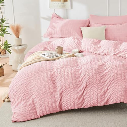 HYMOKEGE Pink Full Size Comforter Sets Seersucker 7 Pieces, All Season Luxury Bed in a Bag for Bedroom, Bedding Set with Comforters, Sheets, Pillowcases & Shams