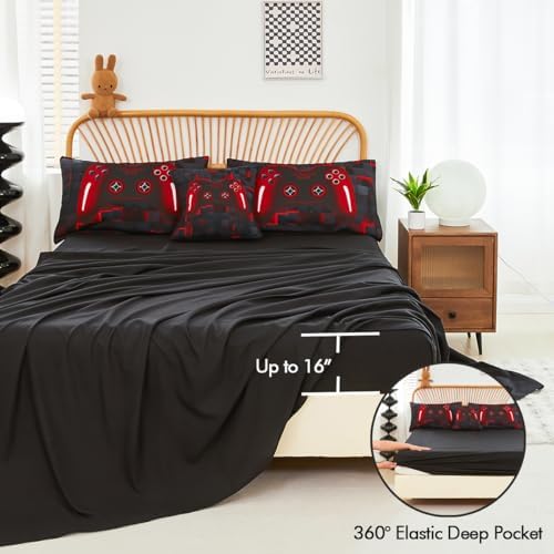 PERFEMET 6-Piece Boys Comforter Set Full Size Game Console Bedding Set for Kids Teen 3D Black and Red Gamepad Gaming Bed in a Bag Matching Sheet Set(Red, Full)