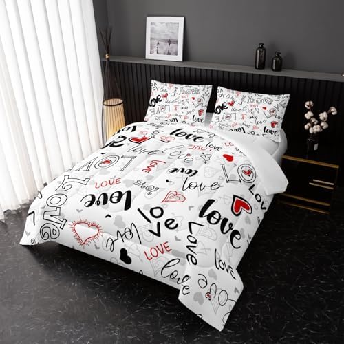 Nttopship Love Comforter Sets Twin Size，Valentines Day Romantic Soft Bedding Set Black White Watercolor Kawaii Comforter Cartoon Love Heart Geometric Comforter Set Soft Warm Quilt 3Pcs