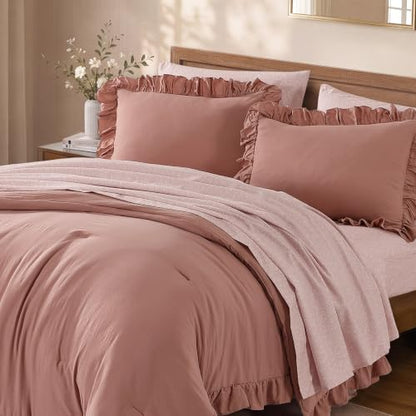 BLOOMHAVEN Full Size Comforter Sets-7 Pieces Ruffle Bedding Floral Sheet