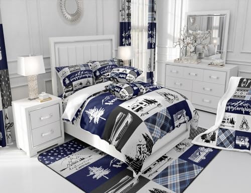Camping Adventure Comforter Set King Size,RV Camper Accessories for Travel Trailers Bedding Set All Season Quilt Set,Rustic Blue Plaid Boho Aztec Exotic Microfiber Polyester Down Comforter