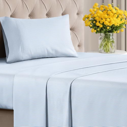 Twin XL 3 Piece Striped Sheet Set - Soft & Cooling - Sky Blue Pinstripe