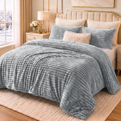 CozyLux Fleece Full Size Comforter Sets, 3 Piece Winter Warm Grey Bedding