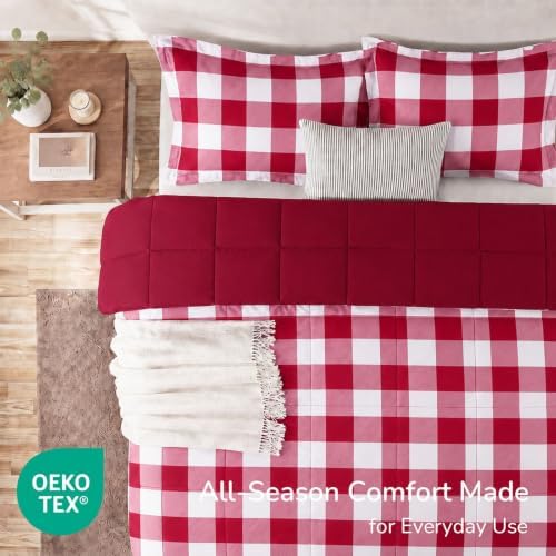 downluxe Lightweight Plaid Comforter Set (King) with 2 Pillow Shams - 3-Piece Set - Red/White Plaid - Down Alternative Reversible Comforter