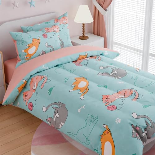 SANDJEST Cat Comforter Set Twin for Girls, Ultra Soft Microfiber Bedding Sets with 3-Pieces, Cats Comforters Bed Sets for Kids Children Girl Bedroom Decor