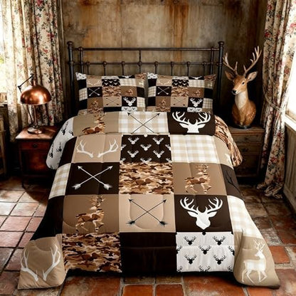 Antler Silhouette Kids Comforter Set Queen Size,Camo Brown Rustic Bedding Set,Girls Boys Adults Bedroom/Xmas Decor,Geometric Plaid Patchwork Down Comforter,Arrows Boho Duvet Insert,3pcs,2 Pillowcases