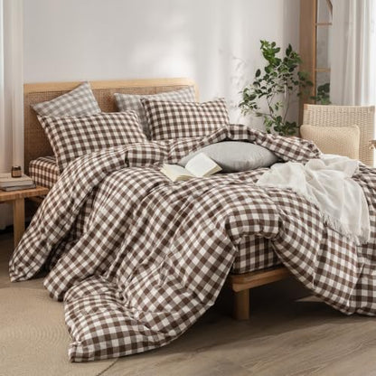 BESTOUCH Gingham Cotton Duvet Cover Set Cocoa Brown Queen