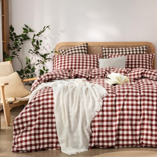 BESTOUCH Gingham Cotton Duvet Cover Set Fired Brick Red Queen