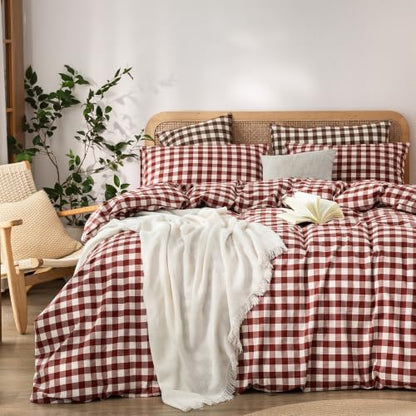 BESTOUCH Gingham Cotton Duvet Cover Set Fired Brick Red Queen