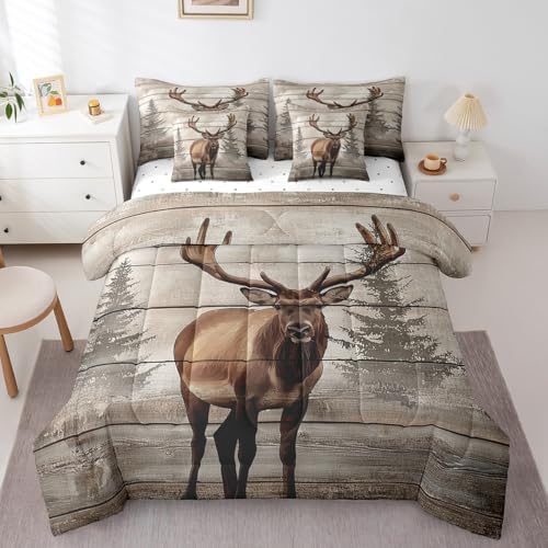 Erosebridal 7 Pcs Moose Bedding Set Queen Western Cabin Lodge Comforter Set Country Woodland Wildlife Bed in a Bag Farmhouse Jungle Pine Tree Quilt with Flat Fitted Sheet Rustic Style Home Decor