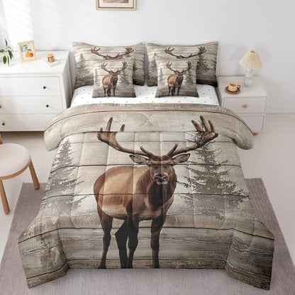 Erosebridal 7 Pcs Moose Bedding Set Queen Western Cabin Lodge Comforter Set Country Woodland Wildlife Bed in a Bag Farmhouse Jungle Pine Tree Quilt with Flat Fitted Sheet Rustic Style Home Decor
