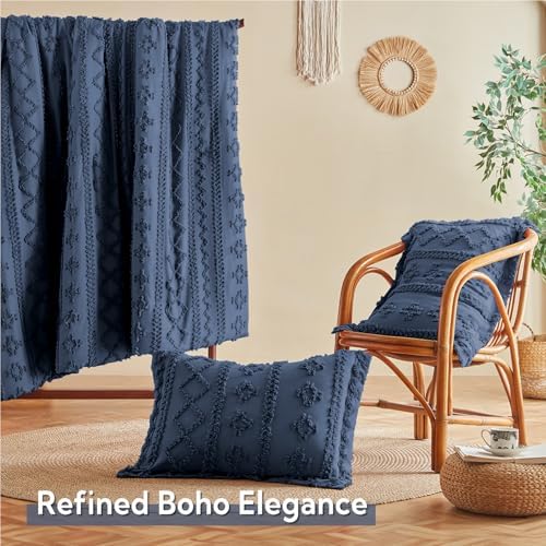 MR&HM King Size Comforter Set 7 Pieces, Boho Tufted Bedding Set Navy Blue