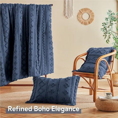 MR&HM Queen Comforter Set 7 Pieces, Tufted Boho Beddding Set Navy Blue