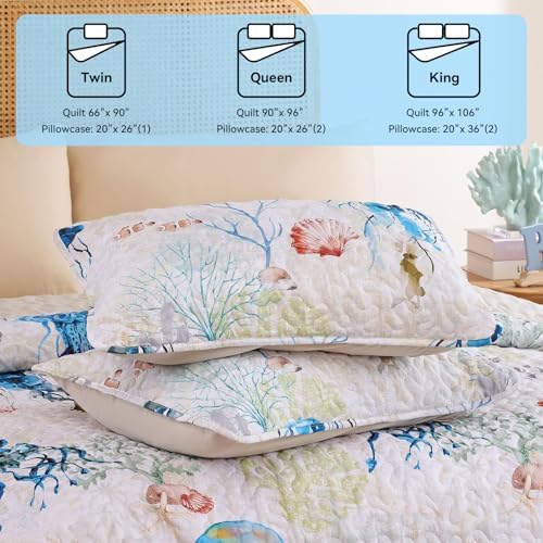 weigelia Coastal Quilt Bedding Set Queen Size - Lightweight Summer Bedspread with Blue Jellyfish Ocean Coastal Decor, Soft Nautical Comforter for All Season for Beach House Decor