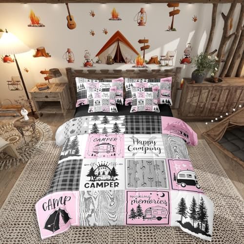 Erosebridal Girls Pink Camper Queen Bedding Set with Sheets 7 Piece Camping Comforter Set Rv Camper Accessories for Travel Trailers Bed in A Bag,Black Grey Buffalo Plaid Pine Tree Arrow Bed Set