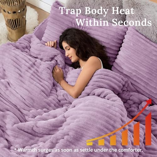 Sasttie Fluffy Full Comforter Set, 3-Piece Soft Fleece Bedding, Purple