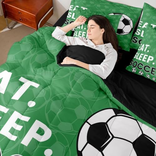 Erosebridal Soccer Gaming Green Full Comforter Set 7 Pieces | Playground Boys Bed in A Bag for Bedroom Ball Games Theme Bedding Set with Comforters Football Sports Room Decor