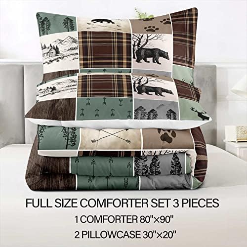 LUVIVIHOME 3PCS Farmhouse Cabin Comforter Set, Brown Plaid Patchwork Sage Green Full Size Comforter, Black Bear Deer Moose Woodland Forest Animal Wildlife Lodge Country Rustic Bedding, 2 Pillow Shams