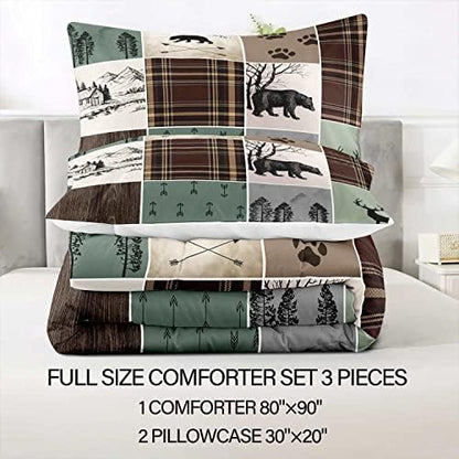 LUVIVIHOME 3PCS Farmhouse Cabin Comforter Set, Brown Plaid Patchwork Sage Green Full Size Comforter, Black Bear Deer Moose Woodland Forest Animal Wildlife Lodge Country Rustic Bedding, 2 Pillow Shams