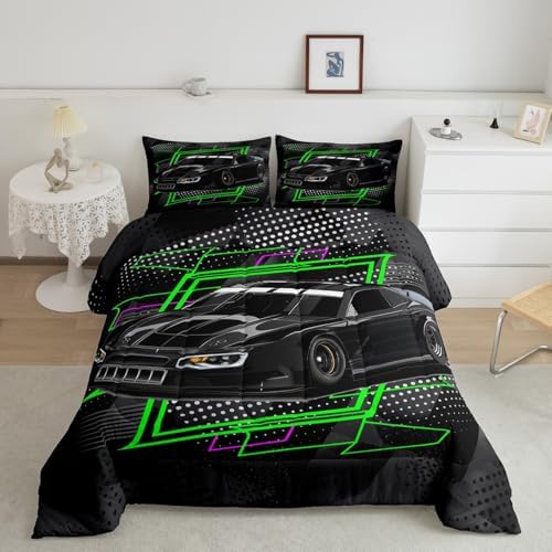 Manfei Racing Car Comforter Set King Size, Black Speeding Sports Car Quilt Set with 2 Pillowcases, Extreme Sports Theme Bedding Set 3pcs for Kids Boys Teens Bedroom Decor