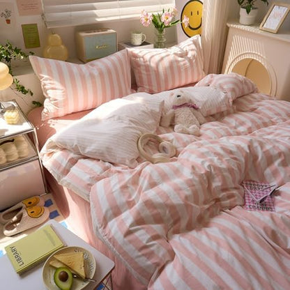 VM VOUGEMARKET Pink Striped Duvet Cover Twin Size Girls Dorm Bedding Set Pink White Stripes Duvet Cover with 2 Pillowcases Soft Lightweight Microfiber Farmhouse Comforter Cover-68 x86