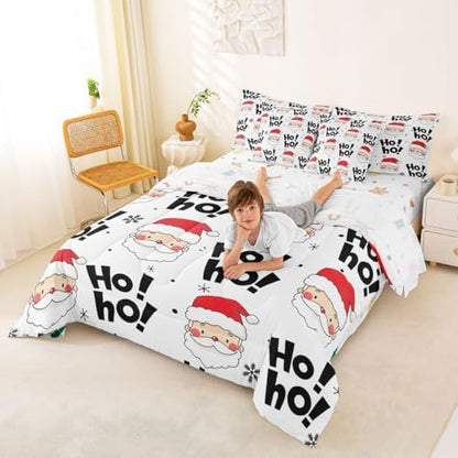 Erosebridal New Year 7 Pcs Comforter Set Twin, Santa Claus Bedding for Boys Girls, Hand Drawn Snowflakes Xmas Ho Bed in A Bag Sheet Set, Winter Cartoon Black Red Sunglasses Duvet Insert