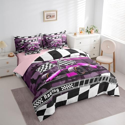 Purple Black Race Car 7 Pieces Bedding Set Twin Bed in a Bag,Racing Car Extreme Sports Comforter Set with Comforter,Flat,Fitted Sheet,Pillowcases,Pillow Covers,Kids Military Camouflage Print Bedding