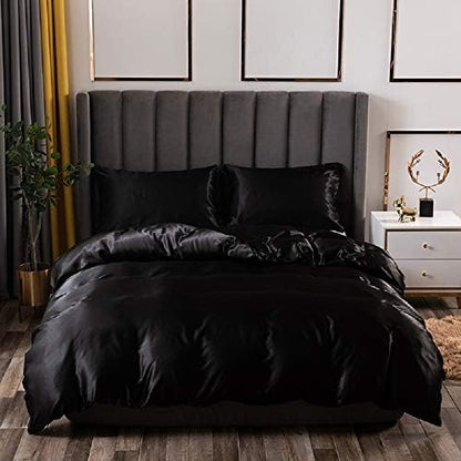 Black Silk Comforter Cover Set Queen Size Silk Like Satin Duvet Cover Set Solid Color Decor Soft Microfiber Women Bedding Sets with Zipper Ties Soft Luxury Duvet Cover Set for Adult Women Men Girls