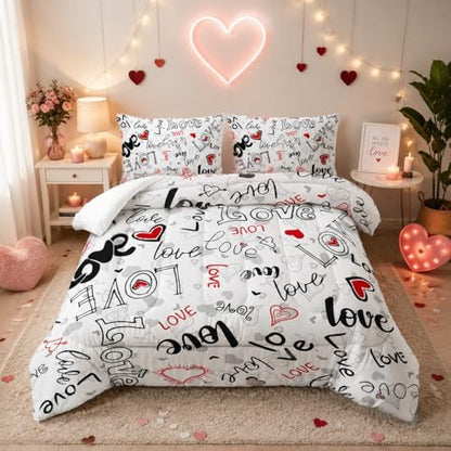 Nttopship Love Comforter Sets Full Size，Love Valentines Day Romantic Soft Bedding Set Black White Watercolor Kawaii Bedding Cartoon Heart Bedroom Decor Comforter with 2 Pillowcases