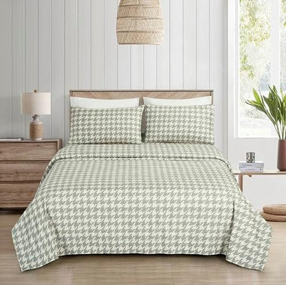 Chezmoi Collection 3-Piece Lodge Plaid Sheet Set Twin - Gray Houndstooth Printed Brushed Microfiber Lightweight Breathable Deep Pocket Bed Sheets