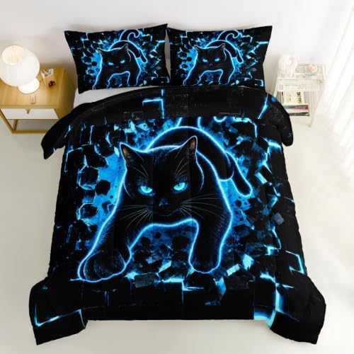 HOSIMA Neon Black Cat Comforter Twin for Kids Boys with 2 Pillowcases.