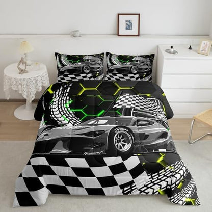 Toddler Race Car Bed for Boys,Yellow Green Neon Lights Honeycomb Bedding Set Cool Sports Car Glitter Beehive Geometric Hexagon Comforter Set Full,Black White Grid Lattice Quilt Buffalo Plaid Decor