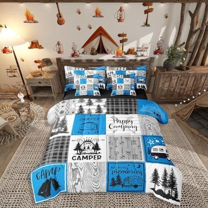 Erosebridal Blue Rv Bedding Set Full Rustic Camper Bed in A Bag 7 Piece Camping Bunk Accessories for Camper Car Rv Comforter Set for Travel Trailers Country Buffalo Plaid Pine Tree Arrow Bed Set