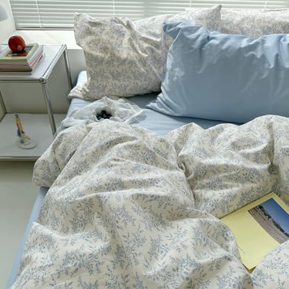 mixinni Blue Floral Duvet Cover Twin Size - 100% Cotton Soft Boho Comforter Cover with Zipper Closure 4 Ties, 3-Piece Vintage Aesthetic Botanical Bedding Set with 2 Pillowcases, All Season Bed Set
