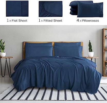 Mueller UltraTemp 6 PC Queen Sheet Set - Ultra-Soft Luxury Series, Cooling & Breathable Hotel Luxury Bed Sheets, Deep Pocket Wrinkle-Free Oeko-TEX, Navy