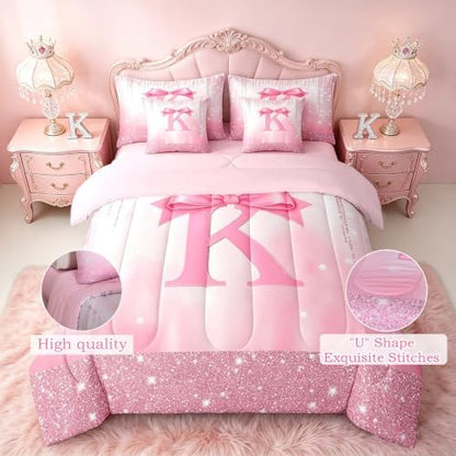 Feelyou Kids Pink Bowknot 7 Pieces Bedding Set Queen Size for Boys Girls