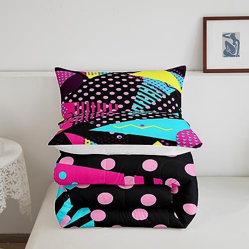 Manfei Memphis Comforter Set King Size, Retro 80s or 90s Fashion Style Quilt Set with 2 Pillowcases, Geometric Triangle Circle Bedding Set 3pcs for Kids Boy Girls Lightweight Duvet Insert