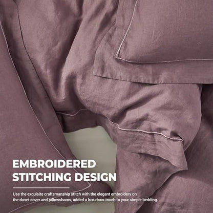 Simple&Opulence 100% French Linen Duvet Cover Set with Embroidered,3 Pcs Washed Soft Farmhouse Bedding Set with Button Closure,1 Comforter Cover and 2 Pillowshams(Queen,Purple)
