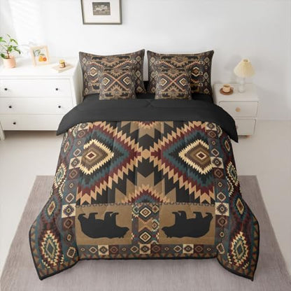 Erosebridal Rustic Cabin Bedding Set King Farmhouse Lodge Bear Comforter Set 7 Piece Vintage Southwestern Bed in A Bag Western Hunting Wildlife Quilt with Flat Fitted Sheet Bear Cabin Decor